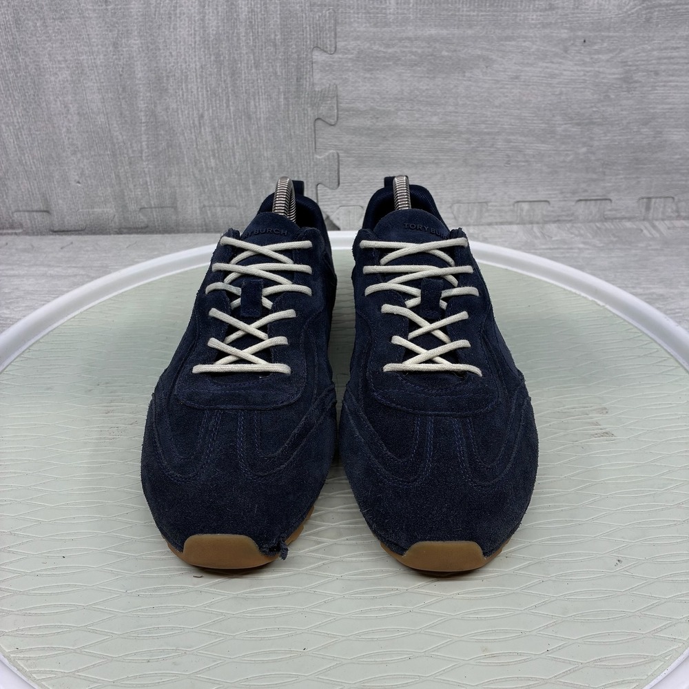 Tory Burch Field Sneakers Women's 9M Navy Blue Suede Leather Low Top Lace 187903
